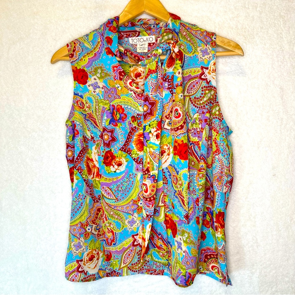 Toto n Ko Floral Sleeveless Blouse with neck tie size 10